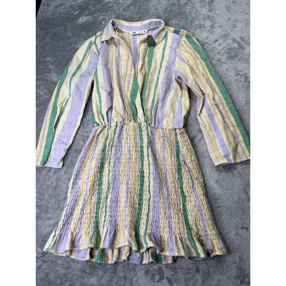 ZARA Dress Women's XS The Valery Dress Striped Long Sleeve Smocked Skirt